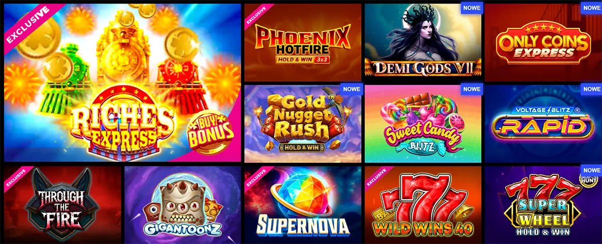 Featured online slot games grid showcasing exclusive and new titles with hold and win, bonus buy, and rapid play features