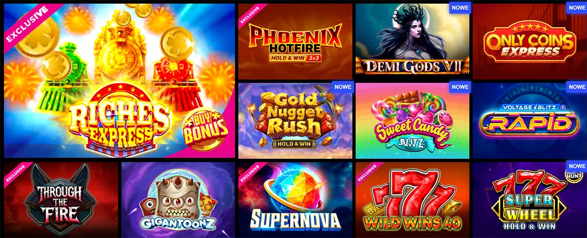 Featured online slot games grid showcasing exclusive and new titles with hold and win, bonus buy, and rapid play features