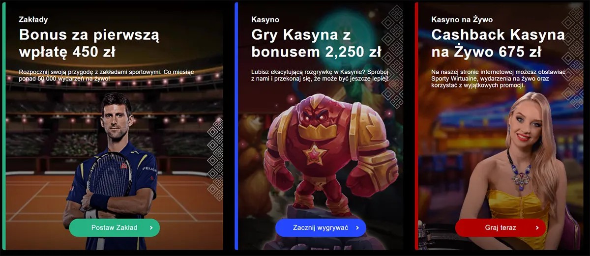 Promotional banners showing a sports betting welcome bonus, a casino bonus offer, and a live casino cashback promotion