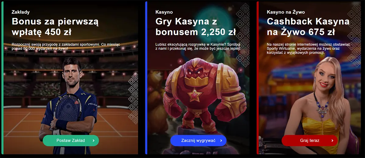 Promotional banners showing a sports betting welcome bonus, a casino bonus offer, and a live casino cashback promotion